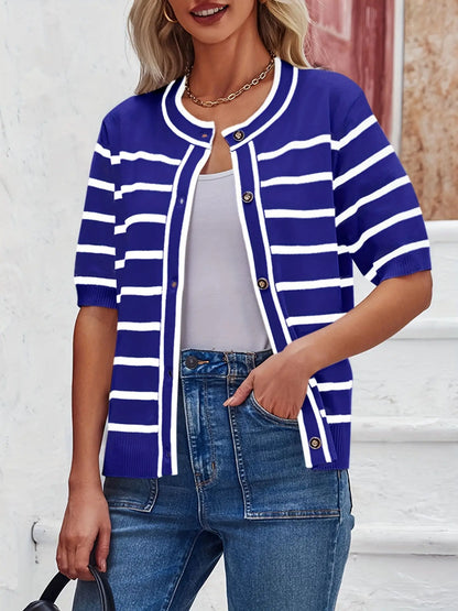 Women's Lightweight Striped Cardigan Sweater - Short Sleeve, Button Down, Crew Neck MyFave Boutique