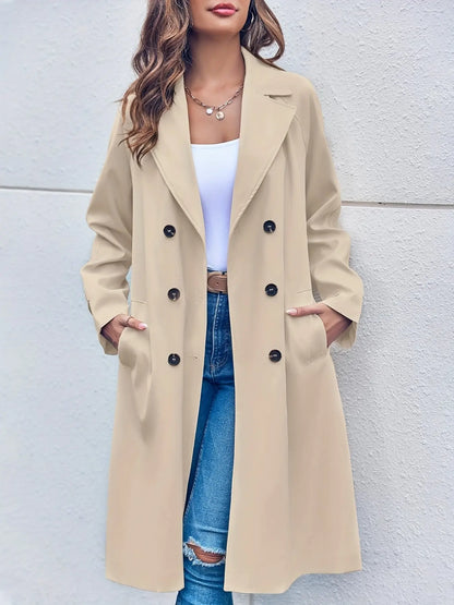 Double Breasted Trench Coat with Lapel Neck and Split Side Pockets - Women's Casual Long Sleeve Long Length Coat MyFave Boutique