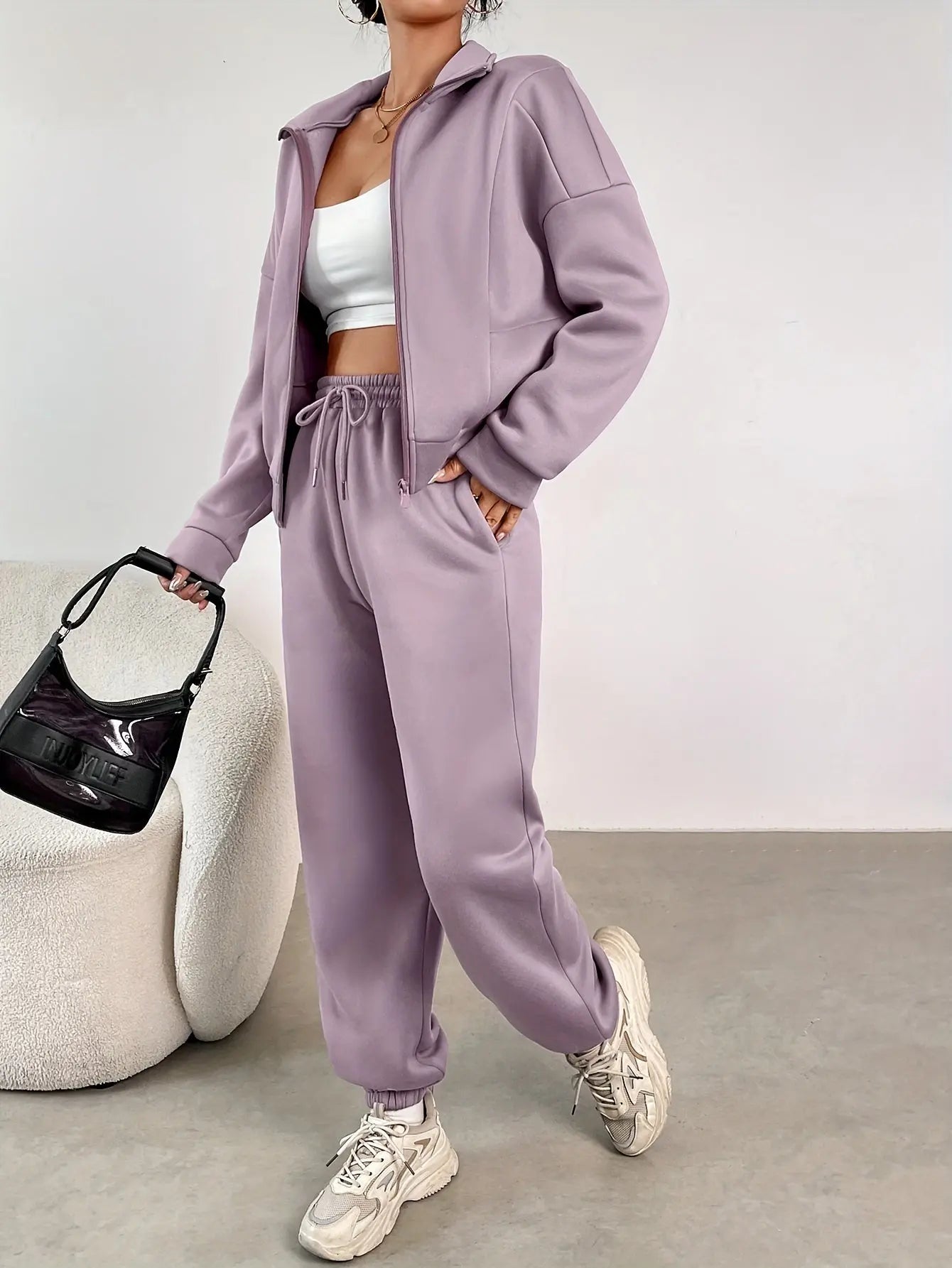 Solid Color Casual Pantsuits, Full Zip Long Sleeve Jacket & Drawstring Elastic Waist Dual Pockets Jogger Pants Outfits, Women's Clothing MyFave Boutique