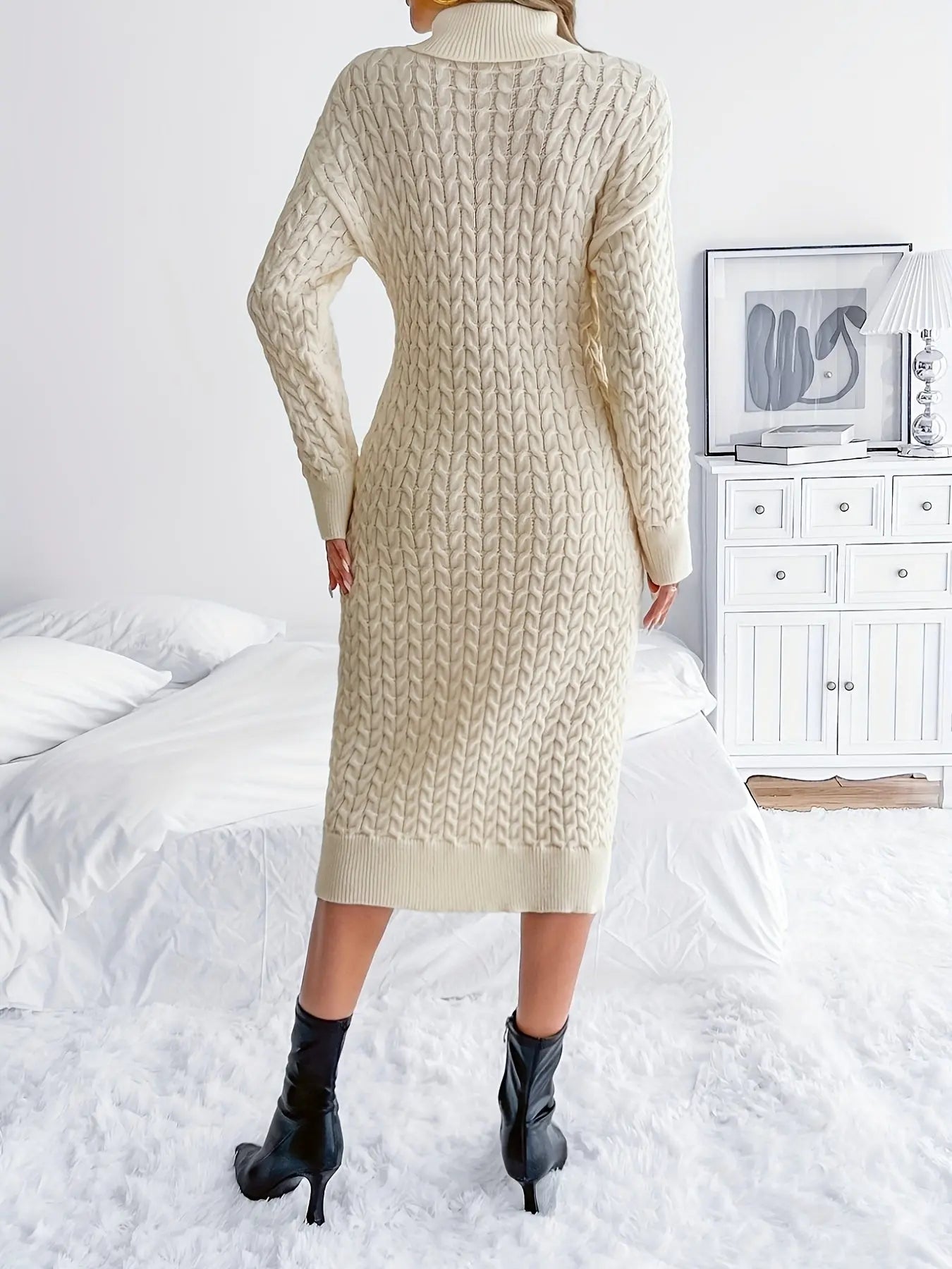 Turtleneck Cable Knitted Sweater Dress, Elegant Long Sleeve Dress For Fall & Winter, Women's Clothing MyFave Boutique