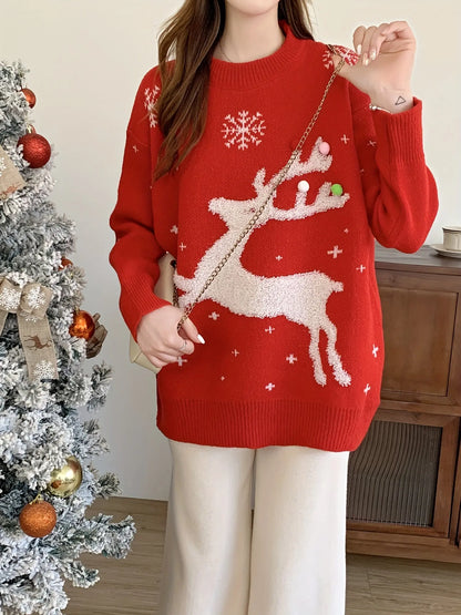 Reindeer Pattern Crew Neck Sweater, Casual Long Sleeve Sweater For Fall & Winter, Women's Clothing MyFave Boutique