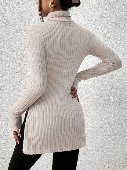 Elegant Split Long Sleeve Turtle Neck Rib Knit T-Shirt for Women MyFave Boutique