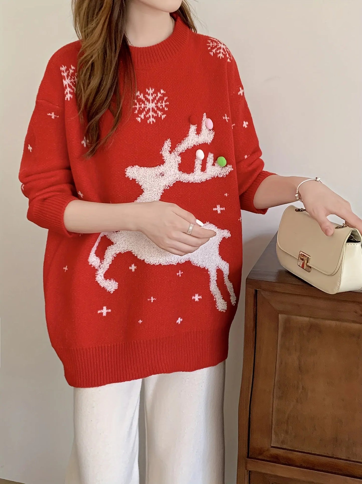 Reindeer Pattern Crew Neck Sweater, Casual Long Sleeve Sweater For Fall & Winter, Women's Clothing MyFave Boutique