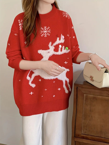 Reindeer Pattern Crew Neck Sweater, Casual Long Sleeve Sweater For Fall & Winter, Women's Clothing MyFave Boutique