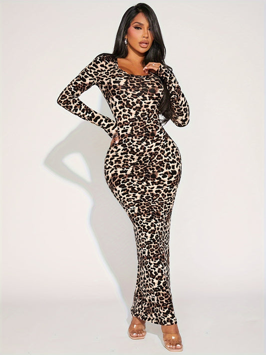 Leopard Print Plunging Neck Dress, Sexy Long Sleeve Slim Dress For Spring & Fall, Women's Clothing MyFave Boutique