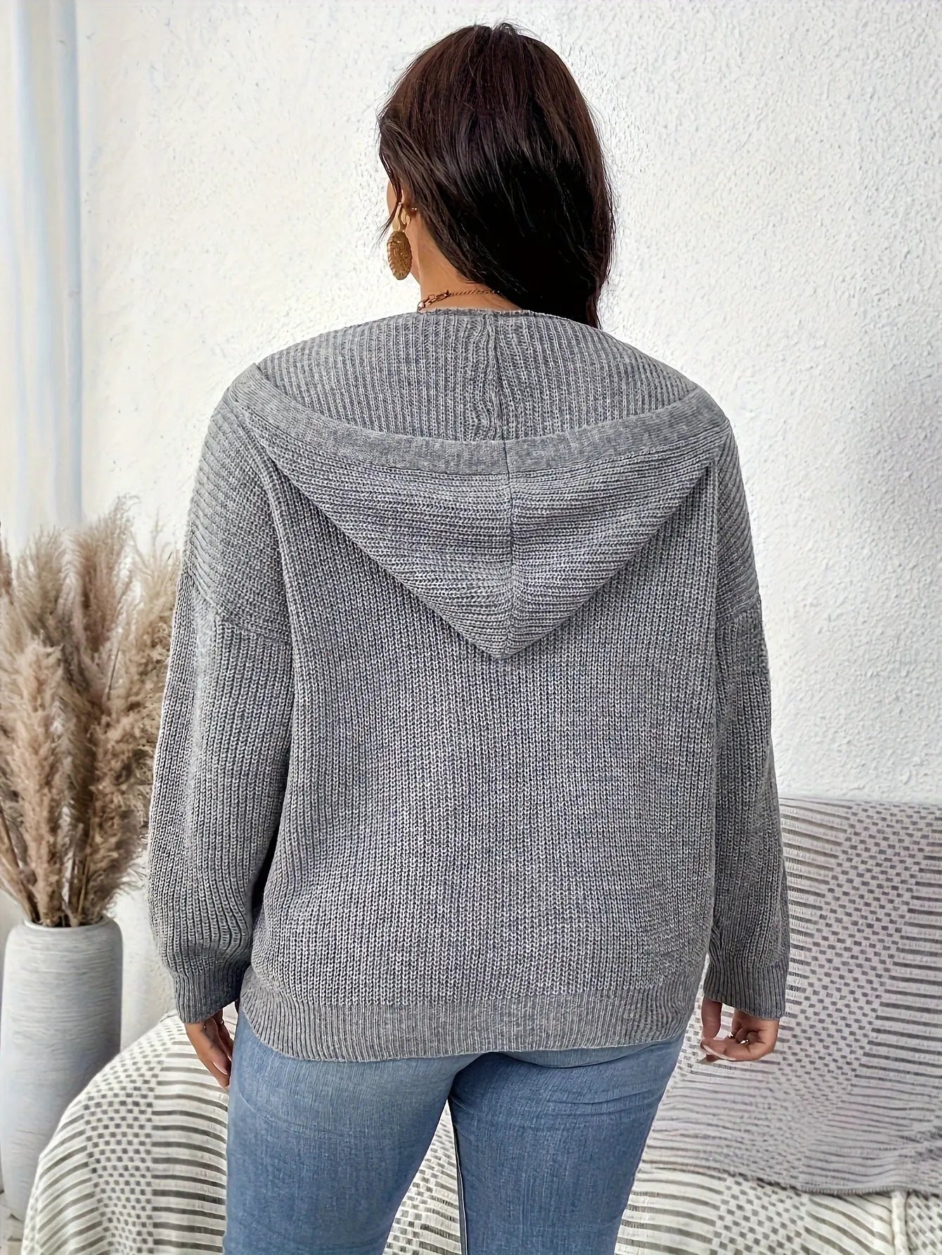 Plus Size Hooded Knitted Cardigan, Casual Button Front Long Sleeve Cardigan For Fall & Winter, Women's Plus Size Clothing MyFave Boutique