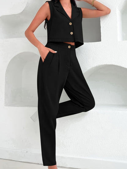 Casual Solid Slim Summer Two-piece Pants Set, Sleeveless Button Front Vest & Slant Pockets High Waist Pants Outfits, Women's Clothing MyFave Boutique