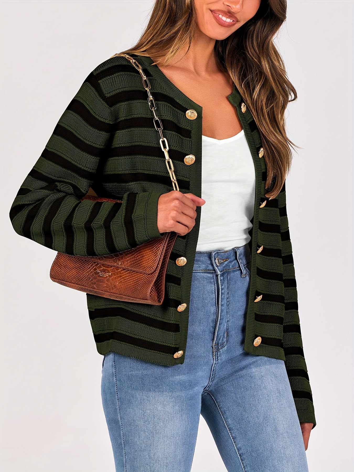 Striped Button Front Knit Cardigan, Elegant Crew Neck Long Sleeve Cardigan For Spring & Fall, Women's Clothing MyFave Boutique