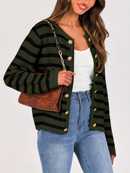 Striped Button Front Knit Cardigan, Elegant Crew Neck Long Sleeve Cardigan For Spring & Fall, Women's Clothing MyFave Boutique