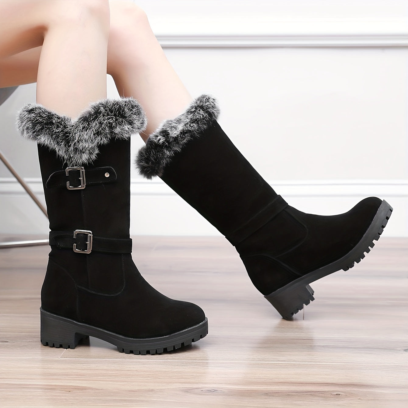 Warm and Stylish Women's Snow Boots with Faux Fur Lining, Buckle Strap, and Anti-Slip Sole MyFave Boutique