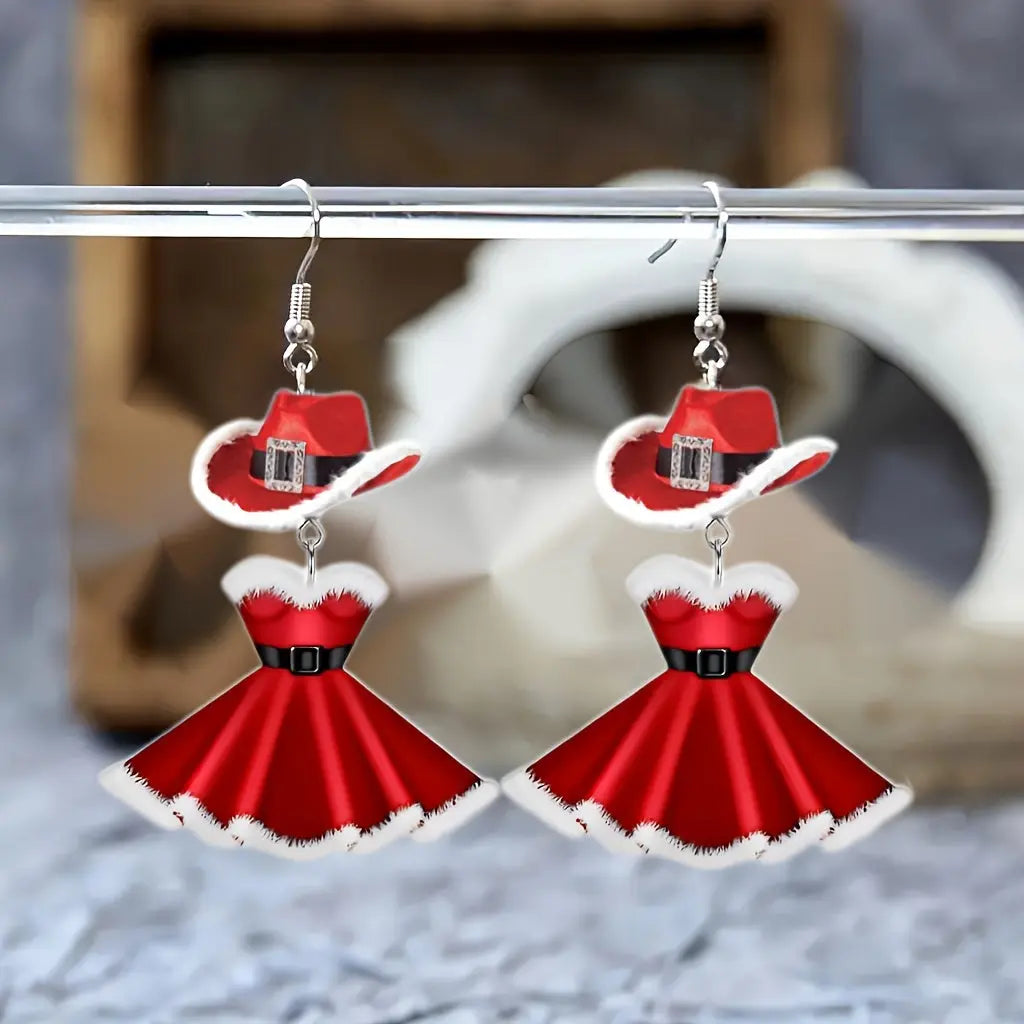 Chic Christmas Red Dress & Hat Long Drop Earrings - Acrylic, Boho-Sexy Style for Women | Perfect Holiday Party Accessory & Gift MyFave Boutique