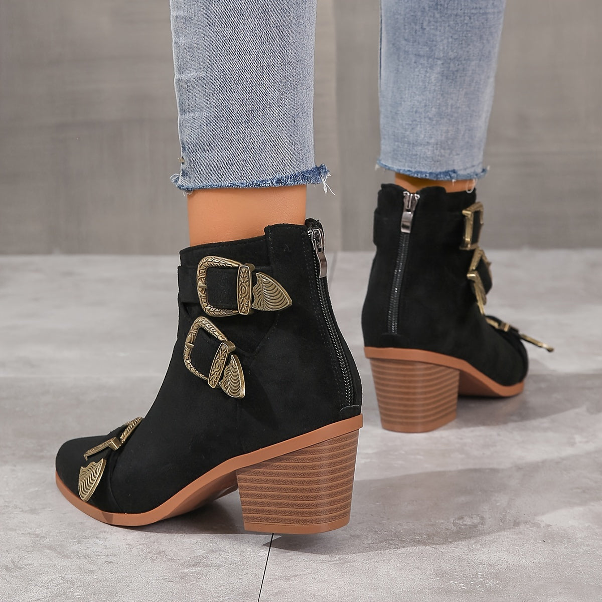 Women's Chunky Heel Short Boots, Casual Buckle Strap Design Ankle Boots, Comfortable Back Zipper Boots MyFave Boutique