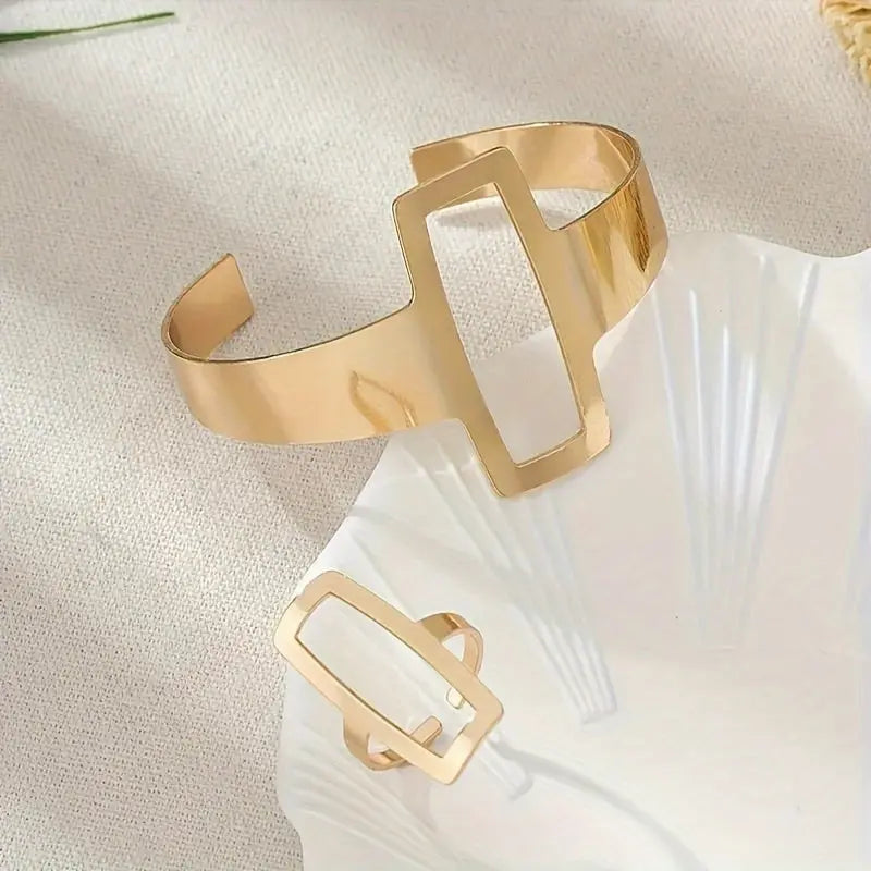 Women's Retro Geometric Square Hollow Ring Bracelet Set - Fashionable Jewelry Gift MyFave Boutique