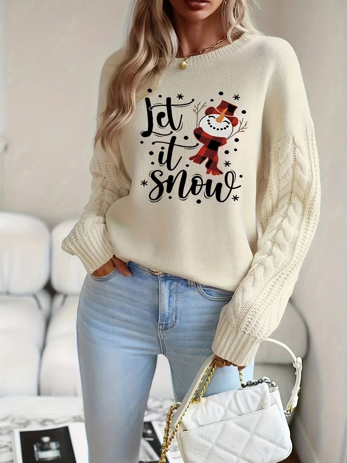 Letter Pattern Long Sleeve Sweater, Casual Drop Shoulder Cable Knit Crew Neck Sweater For Winter & Fall, Women's Clothing MyFave Boutique