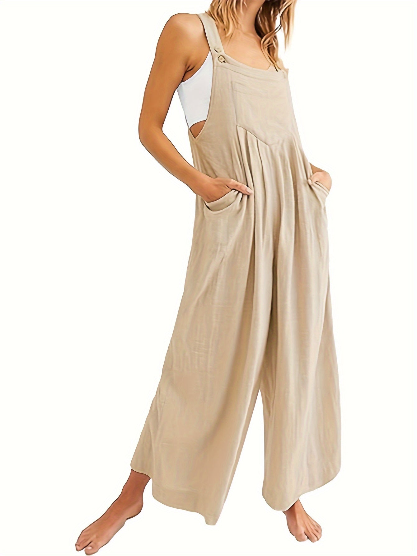 Solid Color Wide Leg Overall Jumpsuit, Casual Sleeveless Loose Overall Jumpsuit With Pocket, Women's Clothing MyFave Boutique