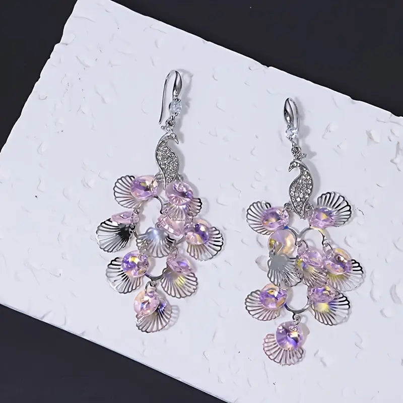 Elegant Peacock Crystal Drop Earrings with Silvery HollowLeaf Tassels - Gorqeous Rhinestone Accents, Suitable for daily and party wear MyFave Boutique