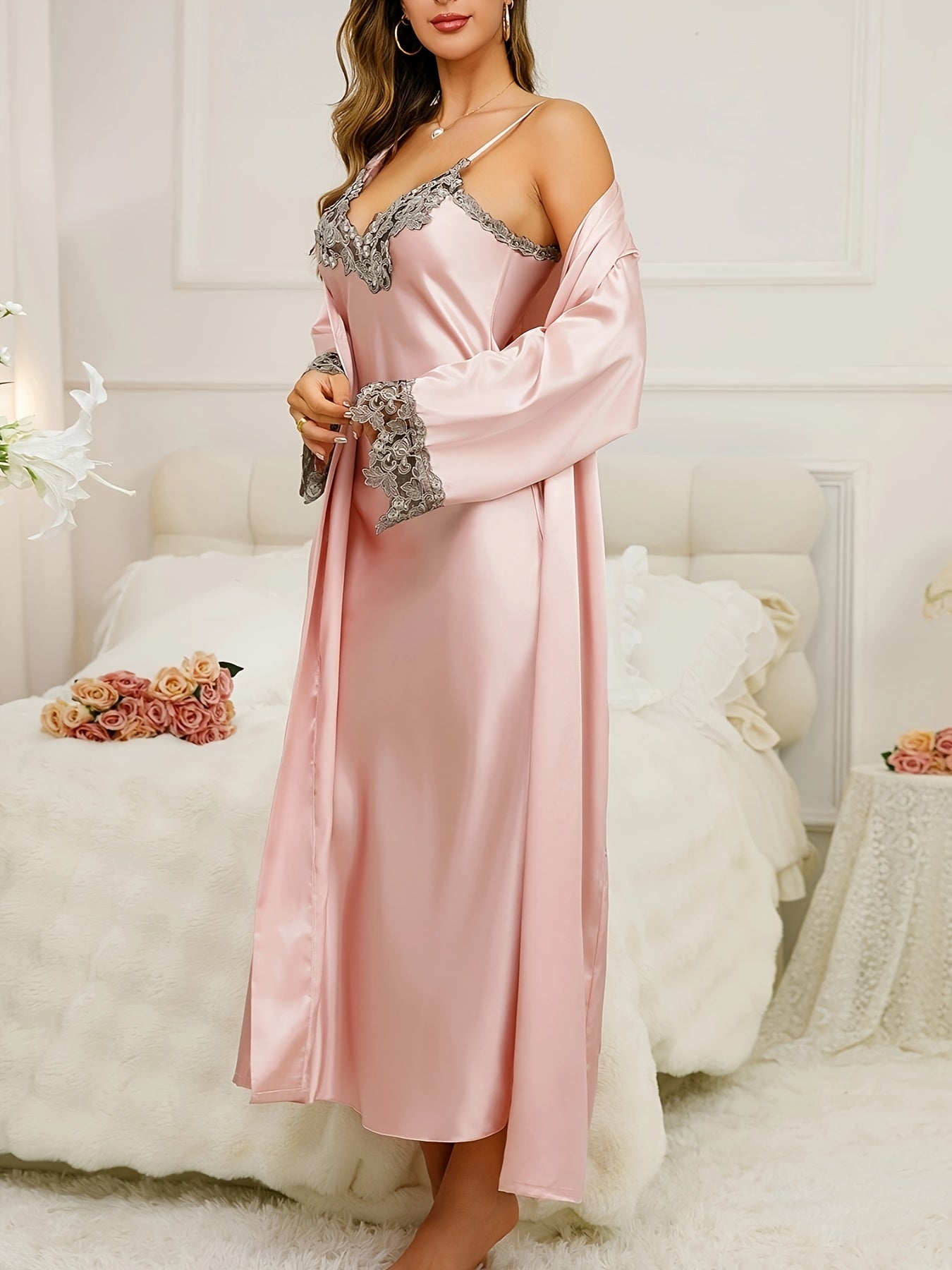 Women's Elegant Solid Pajama Set with V-Neck Midi Slip Dress and Long Sleeve Belted Robe - Comfortable Sleepwear and Loungewear MyFave Boutique