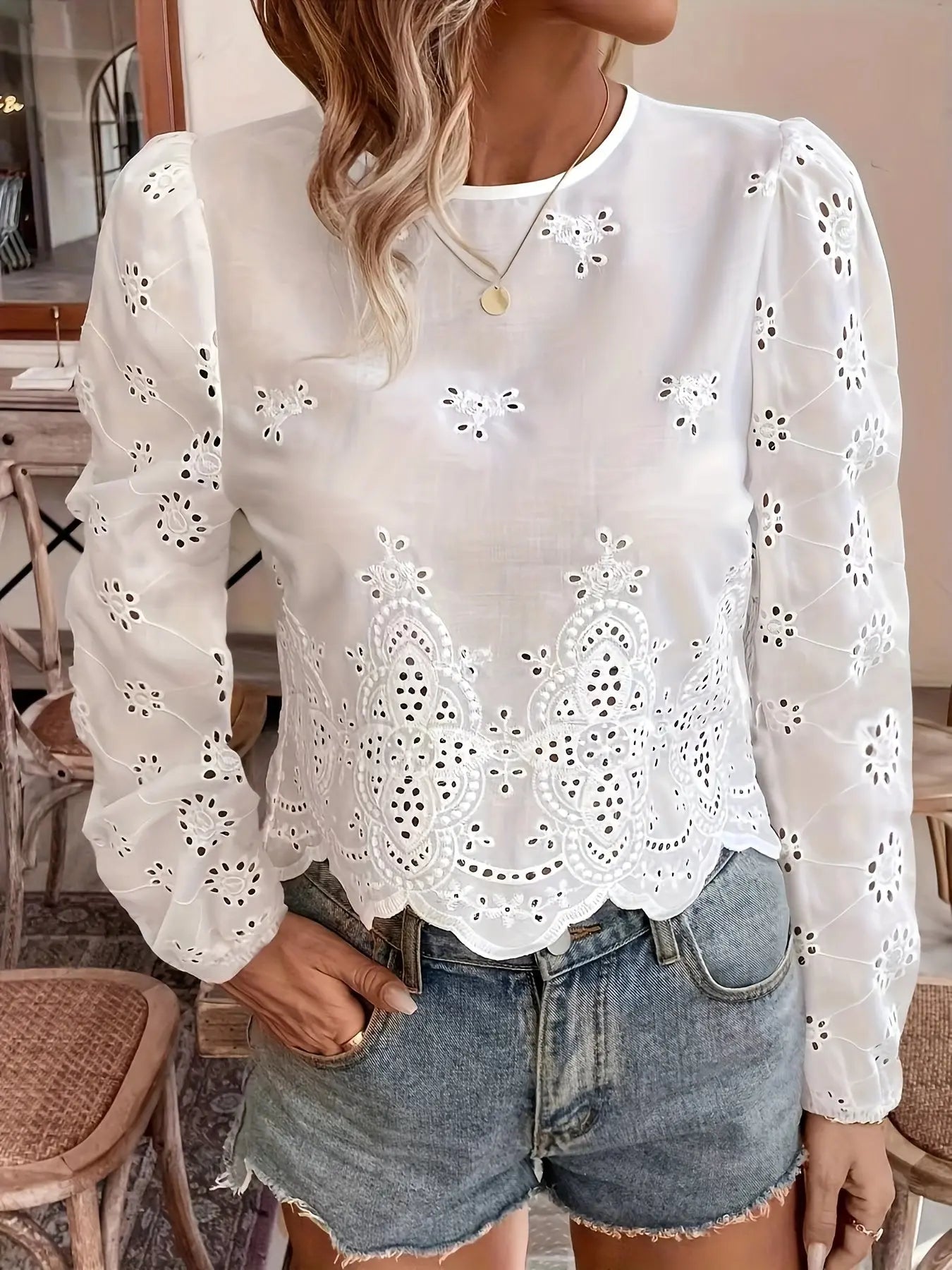 Eyelet Lace Trim Long Sleeve Crew Neck Blouse, Elegant Spring/Fall Women's Blouse MyFave Boutique