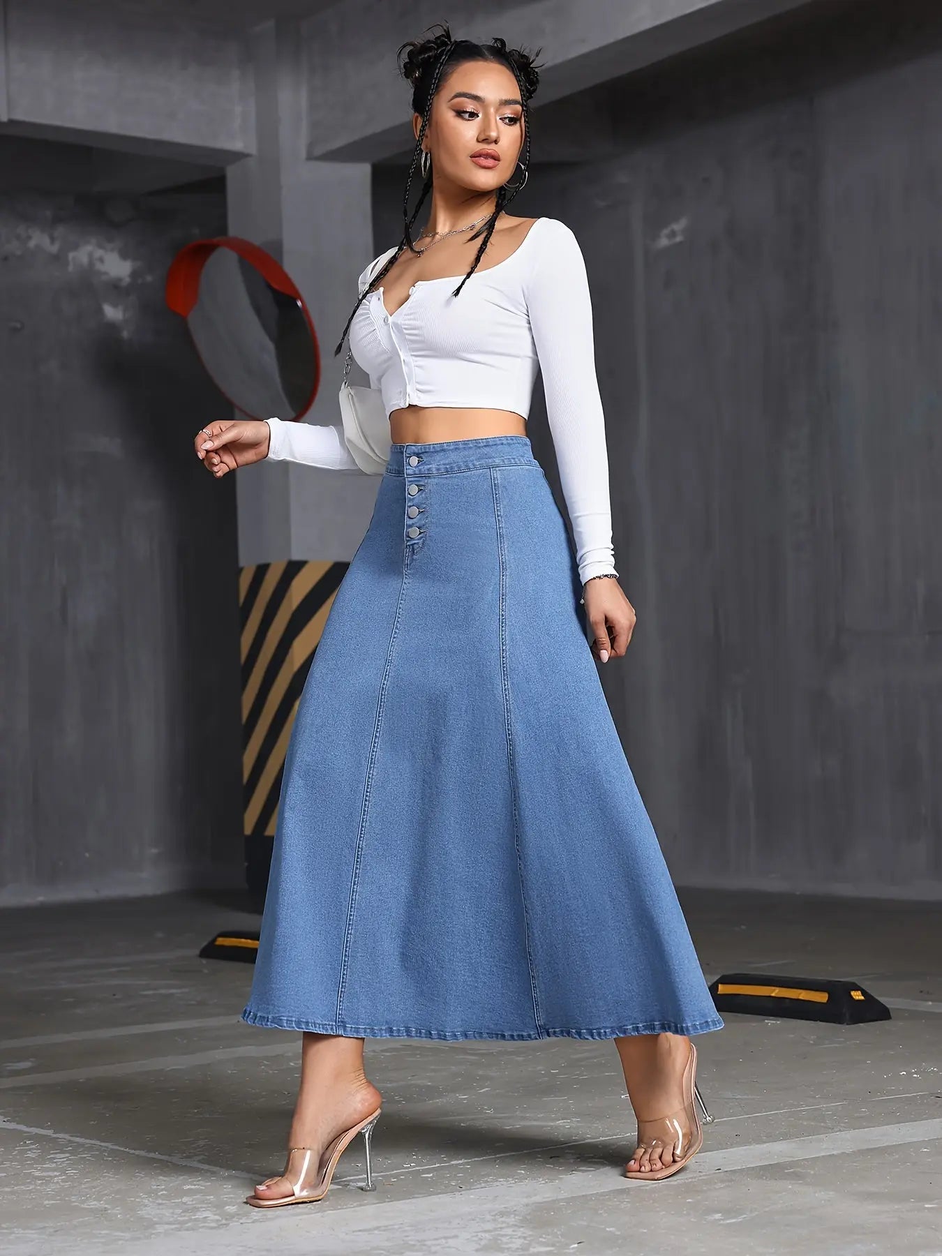 Single-breasted Plain Washed Blue Loose Fit Maxi Denim Skirt, Women's Denim Jeans & Clothing MyFave Boutique