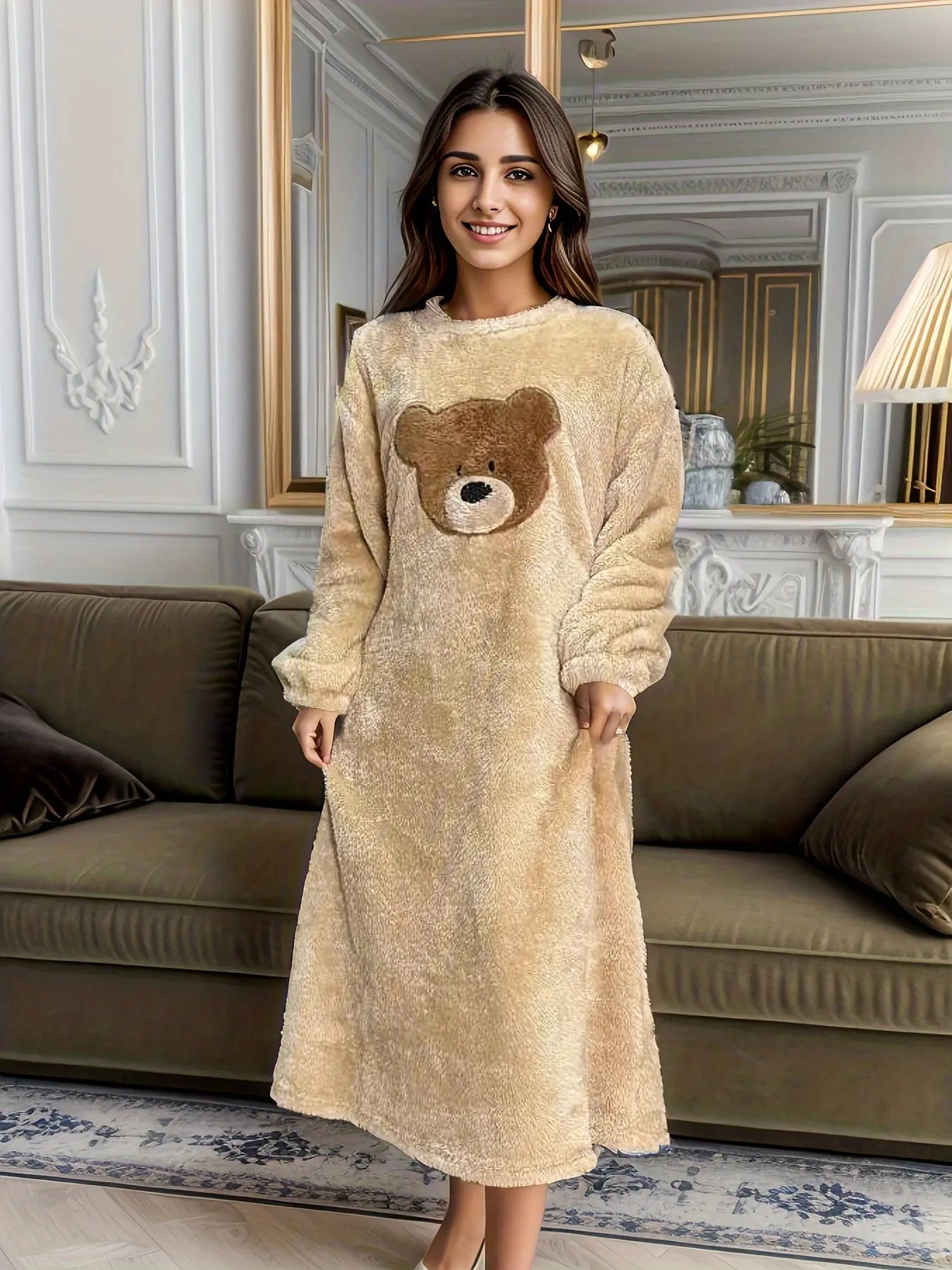 Cartoon Bear Pattern NightDress, Long Sleeve Crew Neck Fuzzy Pajama Dress, Women's Sleepwear & Dresses MyFave Boutique