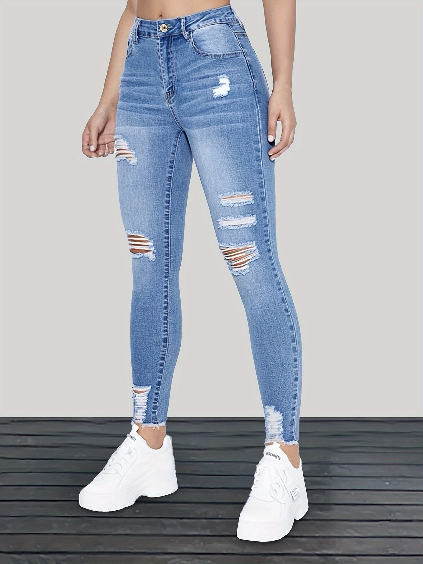 Womens Distressed Ripped Skinny Jeans - Comfortable High Stretch, Fashionable Washed Finish, Flattering Slim Fit with Trendy Raw Hem - Casual Denim Clothing MyFave Boutique