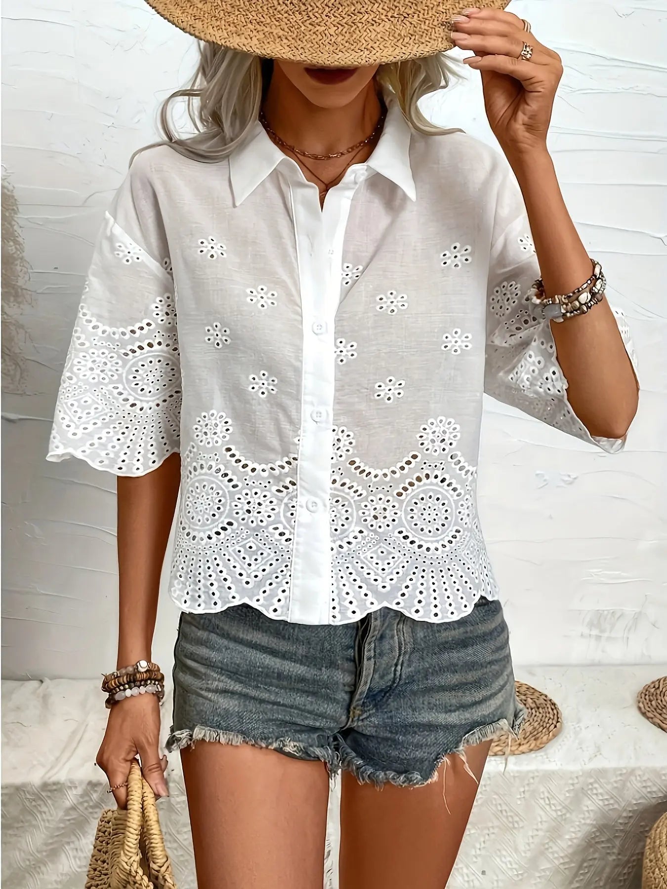 Eyelet Embroidery Button Front Blouse, Casual Half Sleeve Top For Spring & Summer, Women's Clothing MyFave Boutique