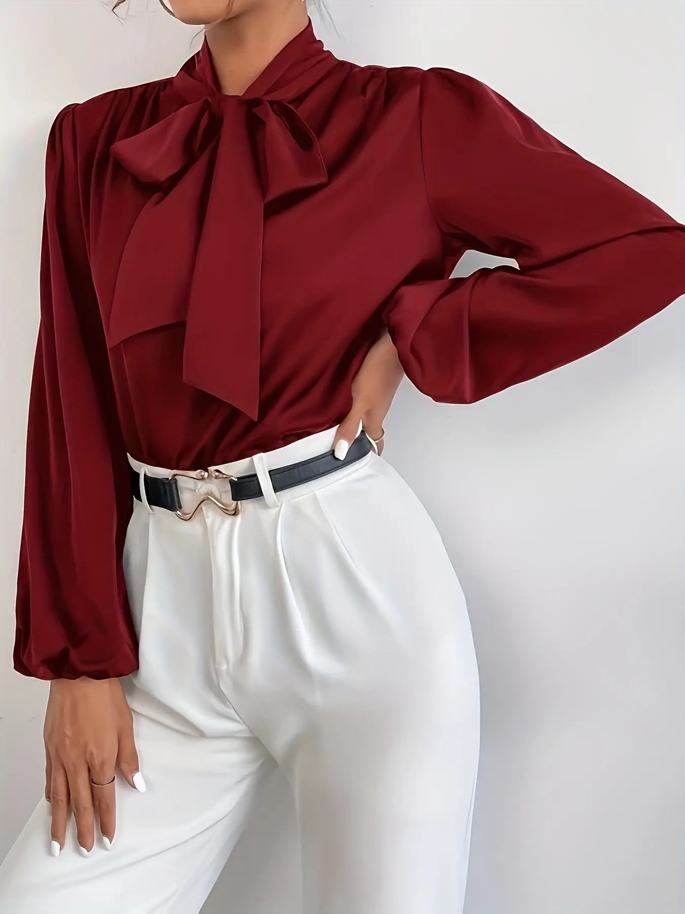 Solid Color Tie-Neck Blouse, Elegant Long Sleeve Blouse for Spring & Fall, Women's Clothing MyFave Boutique