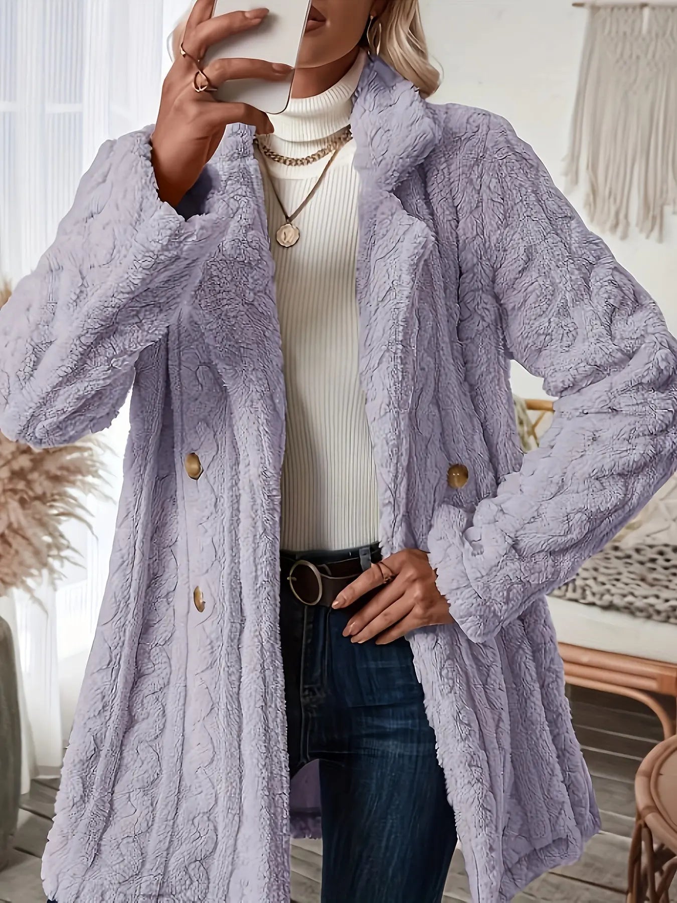 Double-Breasted Teddy Coat with Textured Sleeves, Women's Long Sleeve Winter Outwear MyFave Boutique