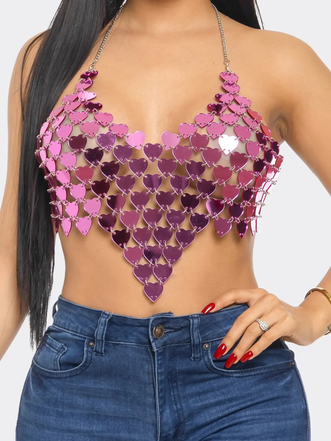 Sparkling Heart Sequin Halter Crop Top - Perfect for Party, Club, and Festival Outfits in Purple and Silver MyFave Boutique