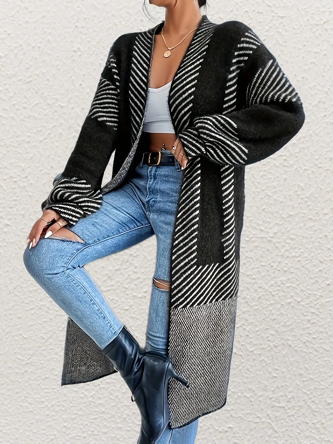 Color Block Drop Shoulder Cardigan, Elegant Long Sleeve Cardigan For Fall & Winter, Women's Clothing MyFave Boutique