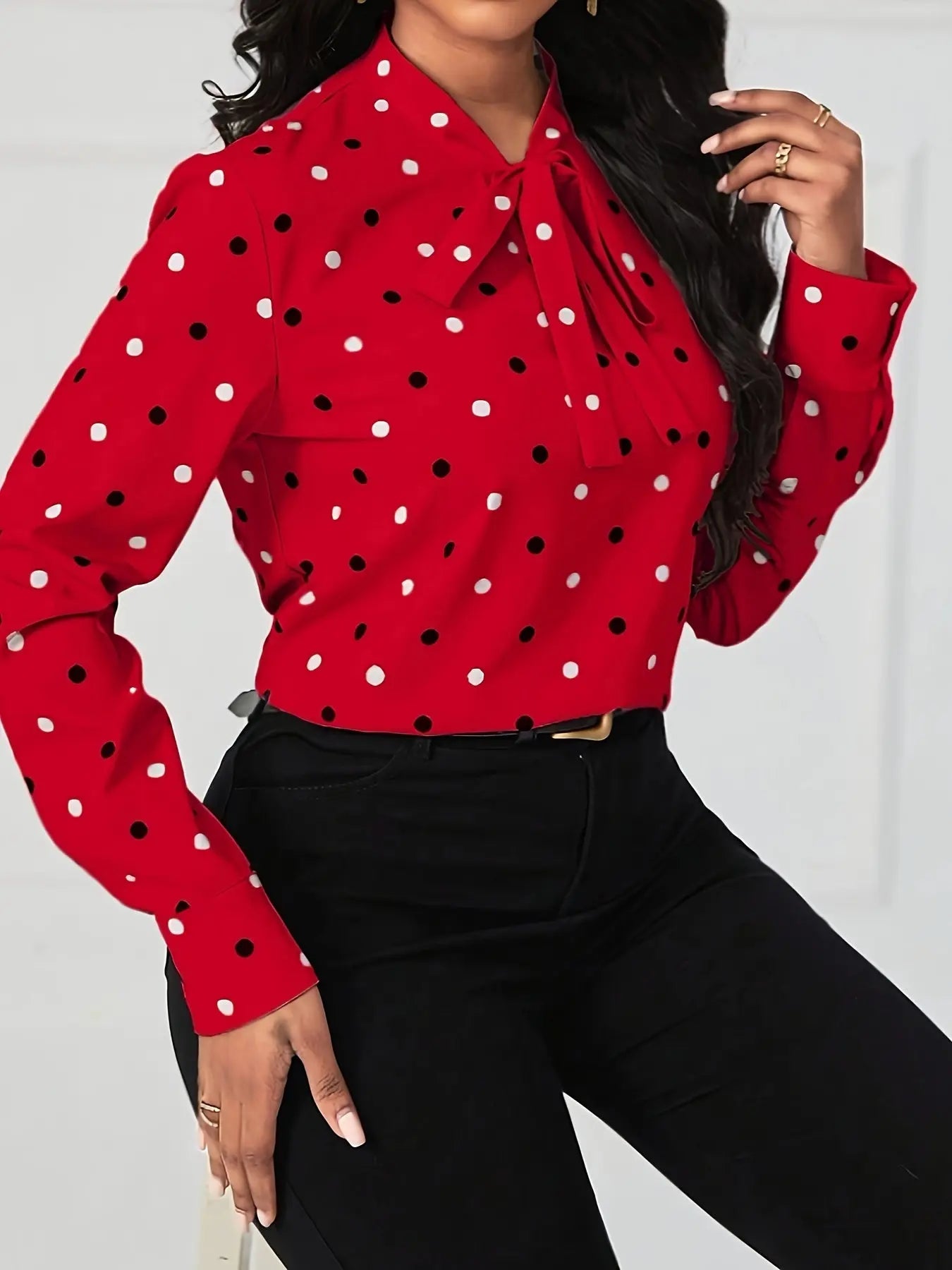 Ladies Polka Dot Print Tie Casual Elegant Long Sleeve Shirt MyFave Boutique