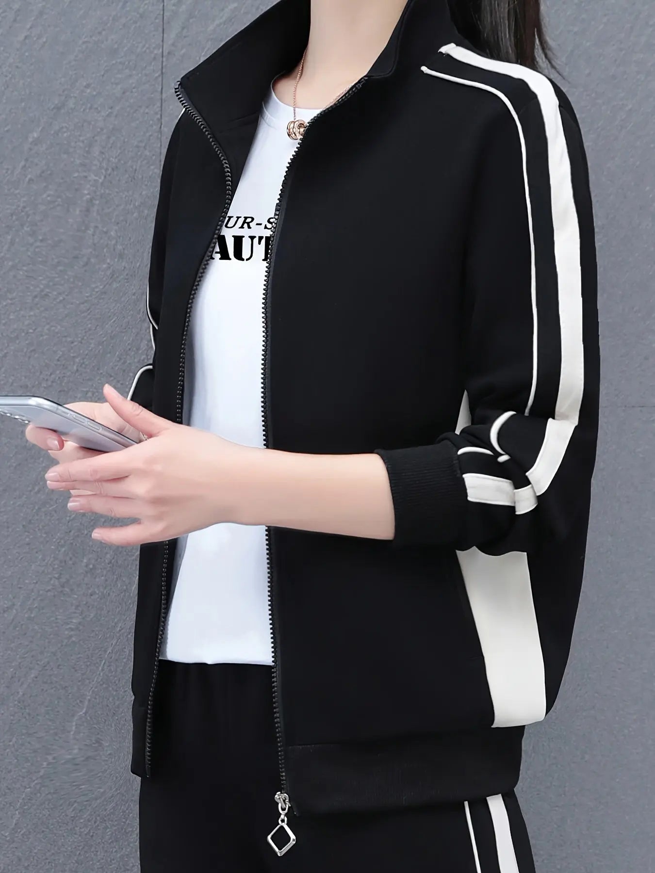 Women's Casual Striped Cotton Jacket with Small Stand-Up Collar, Zippered Opening, Knit Fabric, Elastic Medium Stretch, Spring/Fall Collection, Casual Outfit for Middle-Aged Moms MyFave Boutique