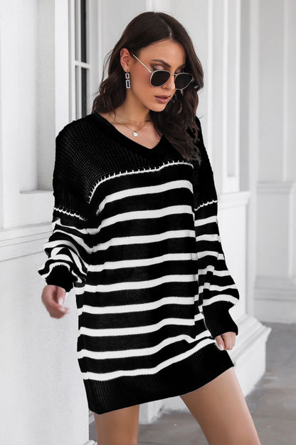 Striped V-Neck Drop Shulder Sweater Dress Trendsi