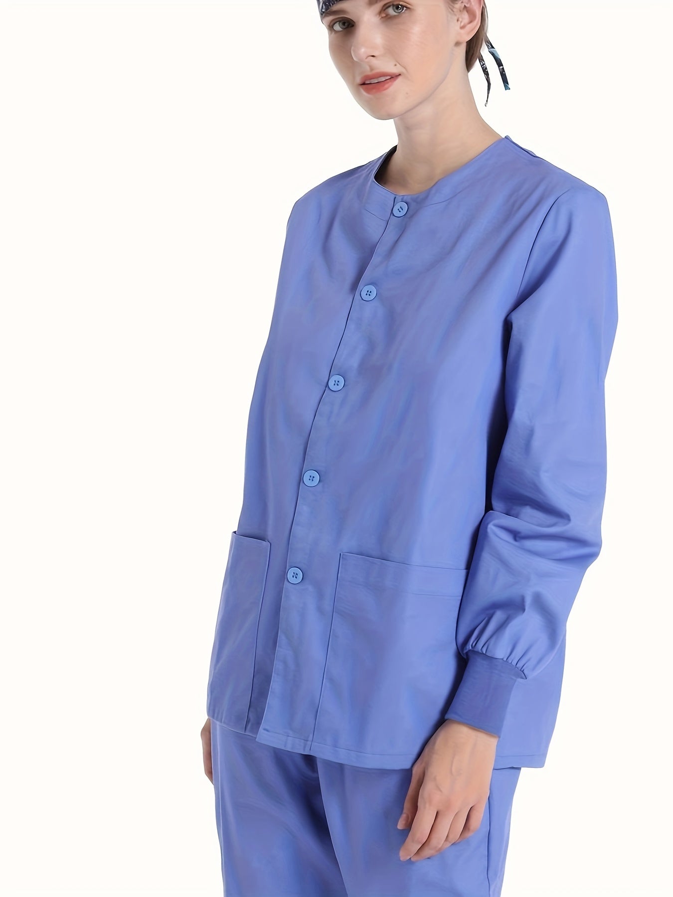 Solid Button Down Scrubs Top, Functional Patched Pockets Long Sleeve Health Care Uniform, Women's Clothing MyFave Boutique