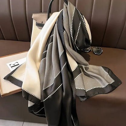 Black Grey Color Block Scarf, Elegant Satin Geometric Chain Print Outdoor Sunscreen Shawl Travel Head Wrap, Women Trendy Windproof Hair Accessories MyFave Boutique