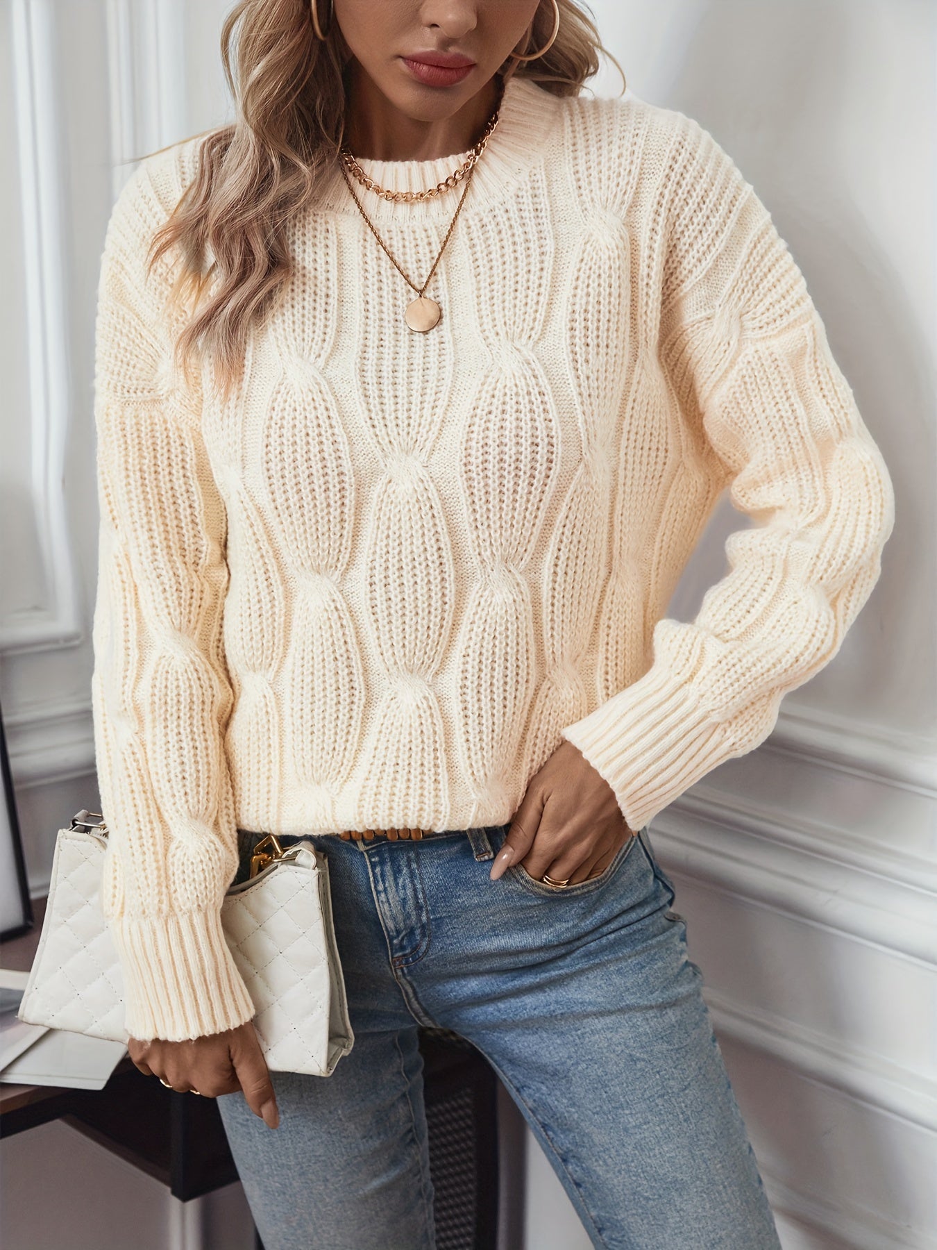 Cable Knit Crew Neck Sweater, Casual Long Sleeve Sweater For Fall & Winter, Women's Clothing MyFave Boutique