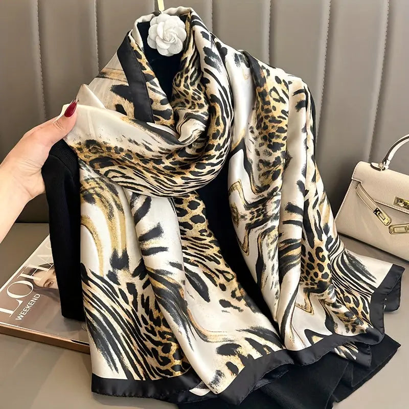 Stylish Leopard Print Scarf Simulated Silk Thin Smooth Shawl Mature Style Windproof Sunscreen Travel Scarf For Women MyFave Boutique