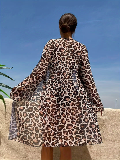 Leopard Print Scoop Neck Bikini With Long Sleeve Kimono Cover Up 3 Piece Set Swimsuits, Women's Swimwear & Clothing MyFave Boutique