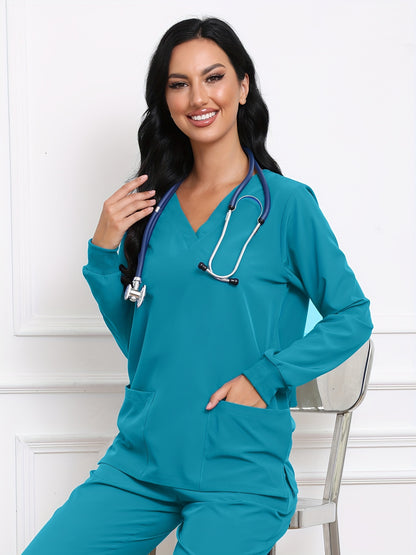 Simple Long Sleeve Scrubs Top, V Neck Functional Patched Pockets Health Care Uniform, Women's Clothing MyFave Boutique