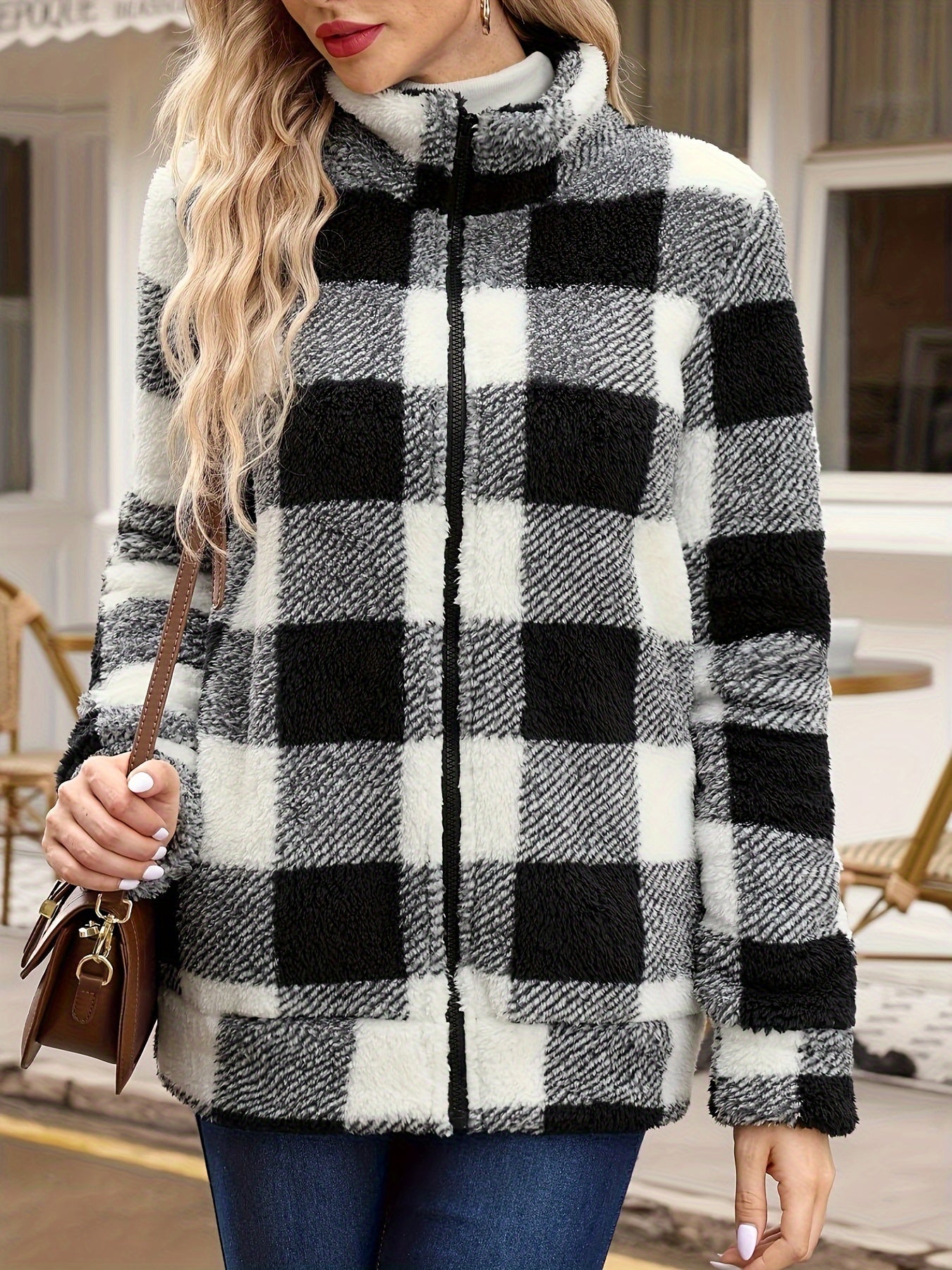 Plaid Fuzzy Zip Front Coat, Casual Long Sleeve Fall & Winter Warm Outerwear, Women's Clothing MyFave Boutique