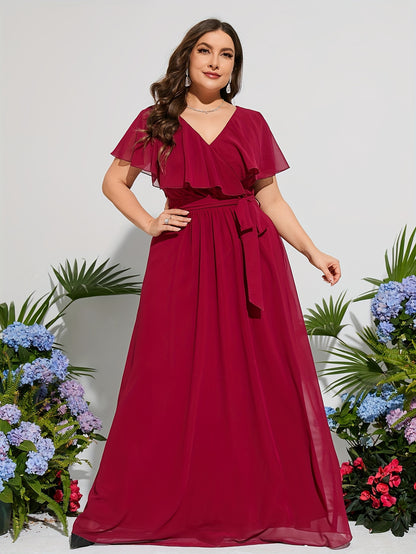 Elegant High-Waisted Long Evening Gown With V-Neck, Polyester Fabric, Four-Season Wear, Waist Belt, No Print, No Stretch MyFave Boutique