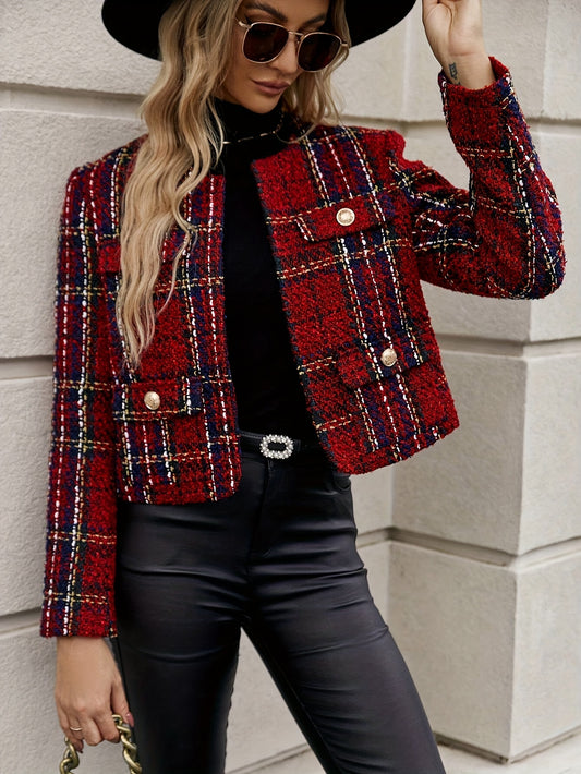 Elegant French Style Women's Plaid Tweed Jacket - 100% Polyester Crew Neck Buttoned Chic Short Coat with Faux Pockets, Regular Fit Non-Stretch Woven Fabric, Long Sleeve Casual Jacket for All Seasons MyFave Boutique