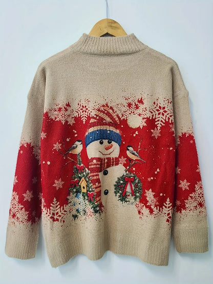 Snowman Pattern Crew Neck Sweater, Casual Long Sleeve Sweater For Fall & Winter, Women's Clothing MyFave Boutique