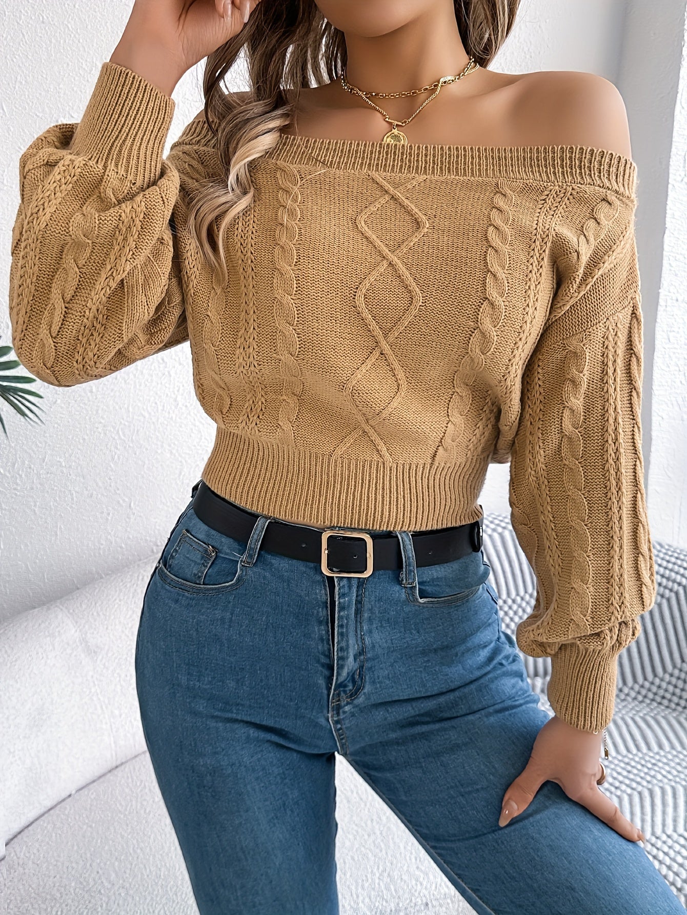 Off Shoulder Cable Knitted Sweater, Elegant Long Sleeve Slim Sweater, Women's Clothing MyFave Boutique