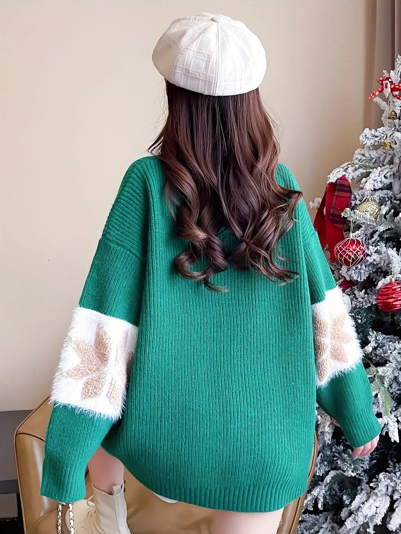 Christmas Tree Decor Crew Neck Sweater, Casual Long Sleeve Sweater For Fall & Winter, Women's Clothing MyFave Boutique