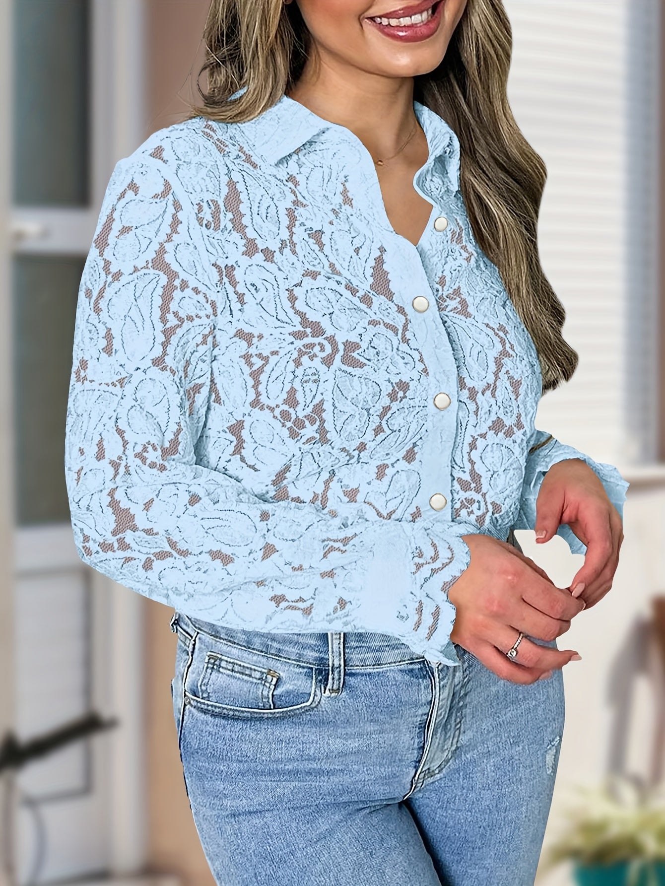 Floral Lace Button Up Semi-sheer Shirt, Elegant Long Sleeve Collared Shirt For Spring & Summer, Women's Clothing MyFave Boutique