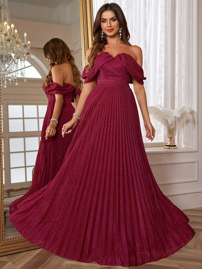 Glitter Off Shoulder Pleated Dress, Elegant Backless Maxi Dress For Party & Banquet, Women's Clothing MyFave Boutique