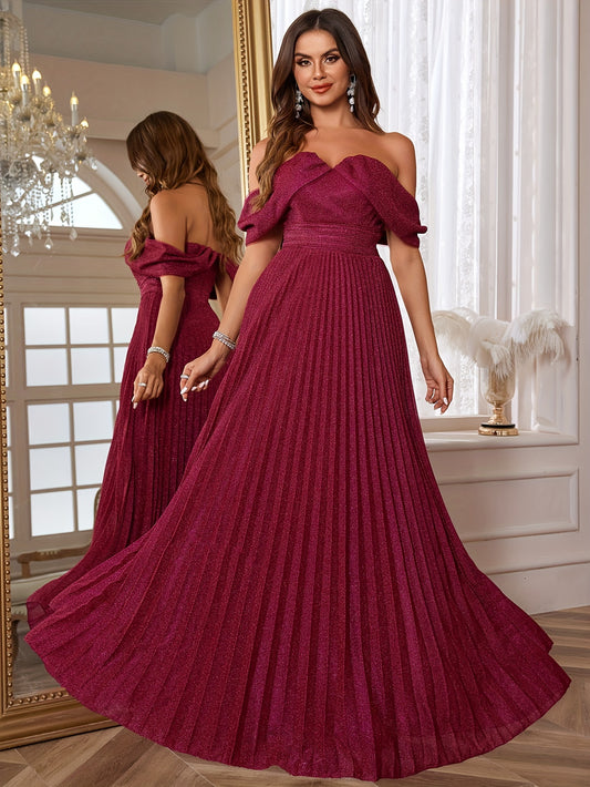 Glitter Off Shoulder Pleated Dress, Elegant Backless Maxi Dress For Party & Banquet, Women's Clothing MyFave Boutique