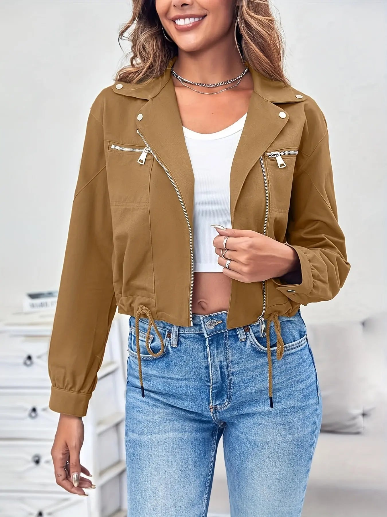 Zip Up Drawstring Crop Jacket, Casual Lapel Neck Long Sleeve Jacket For Spring & Fall, Women's Clothing MyFave Boutique