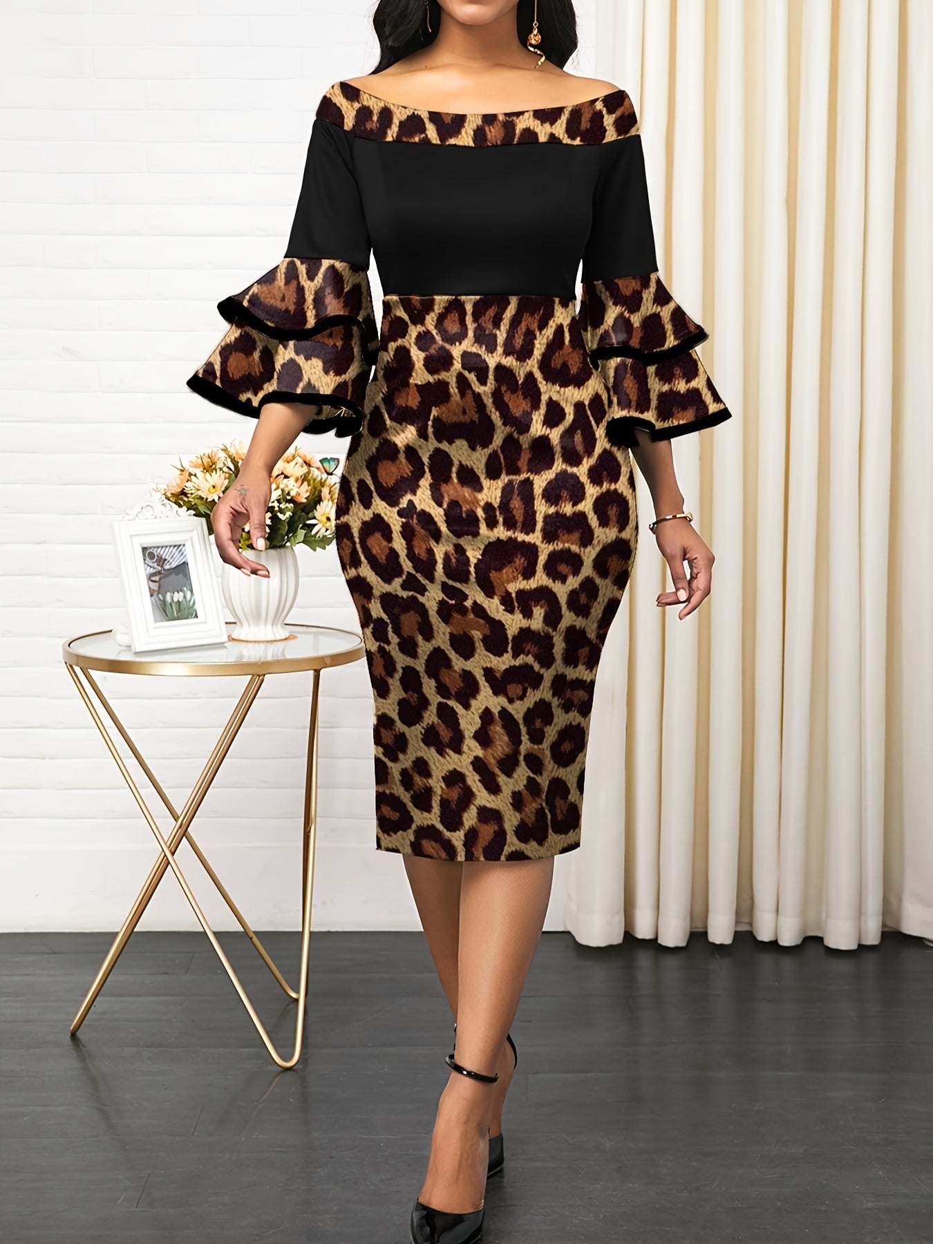 Contrast Leopard Off Shoulder Dress, Elegant Layered Ruffle Sleeve Bodycon Dress, Women's Clothing MyFave Boutique